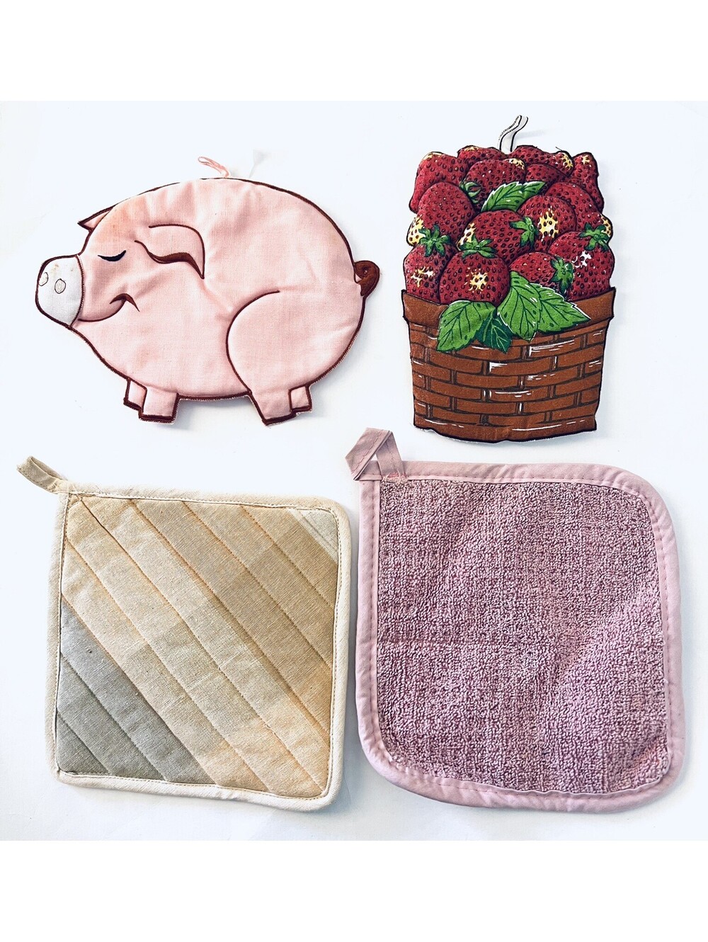 Vintage Potholder Lot of 4 Ritz USA Pig Strawberry Basket Quilted Hot Pads